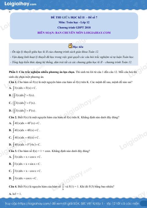 Đề thi giữa kì 2 Toán 12 - Đề số 7